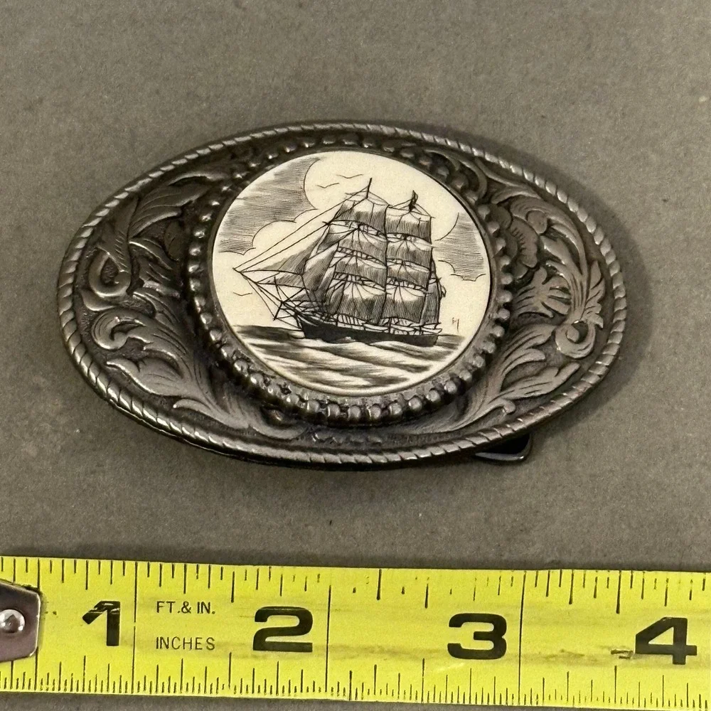 Vintage Admiral Scrimshaw Ship Belt Buckle Silver Tone Nautical Tall Ship Oval